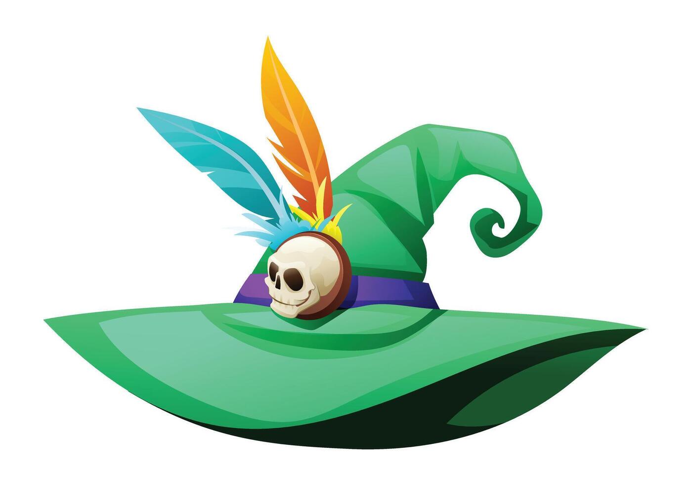 Green witch hat with skull and feathers. Cartoon illustration isolated on white background vector