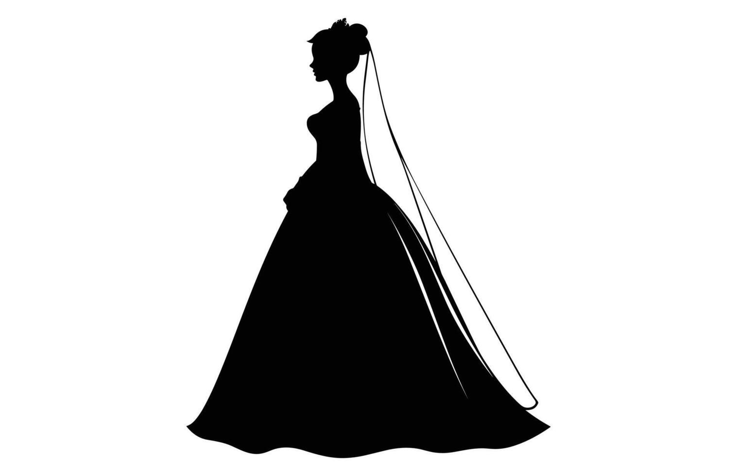 Bride Silhouette with veil and bridal bouquet, A woman bride in a bridal wedding dress, Beautiful woman bride silhouette vector