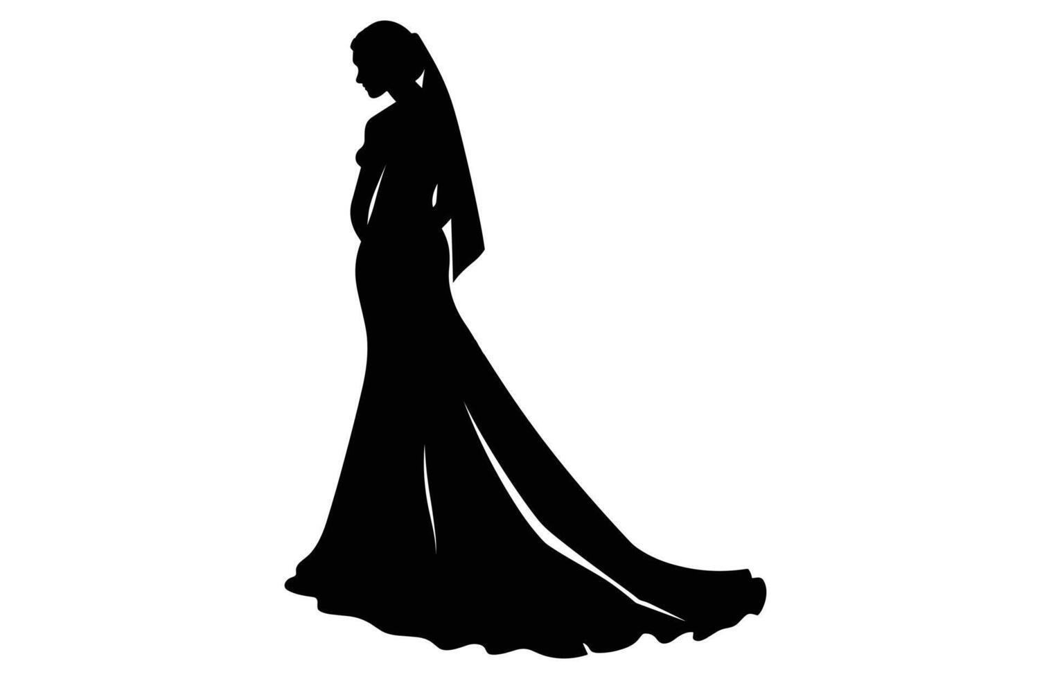 Bride Silhouette with veil and bridal bouquet, A woman bride in a bridal wedding dress, Beautiful woman bride silhouette vector