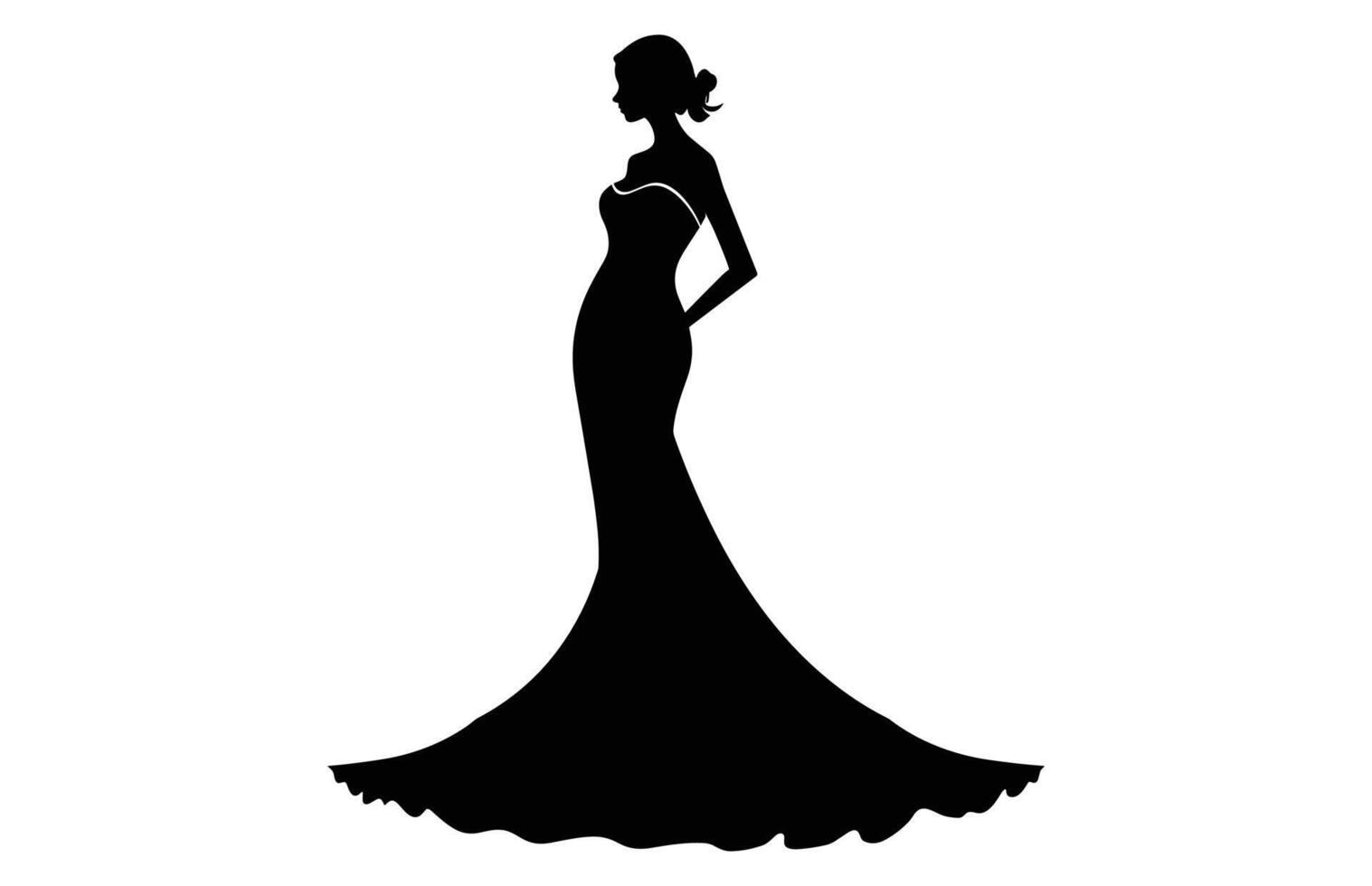 Bride Silhouette with veil and bridal bouquet, A woman bride in a bridal wedding dress, Beautiful woman bride silhouette vector