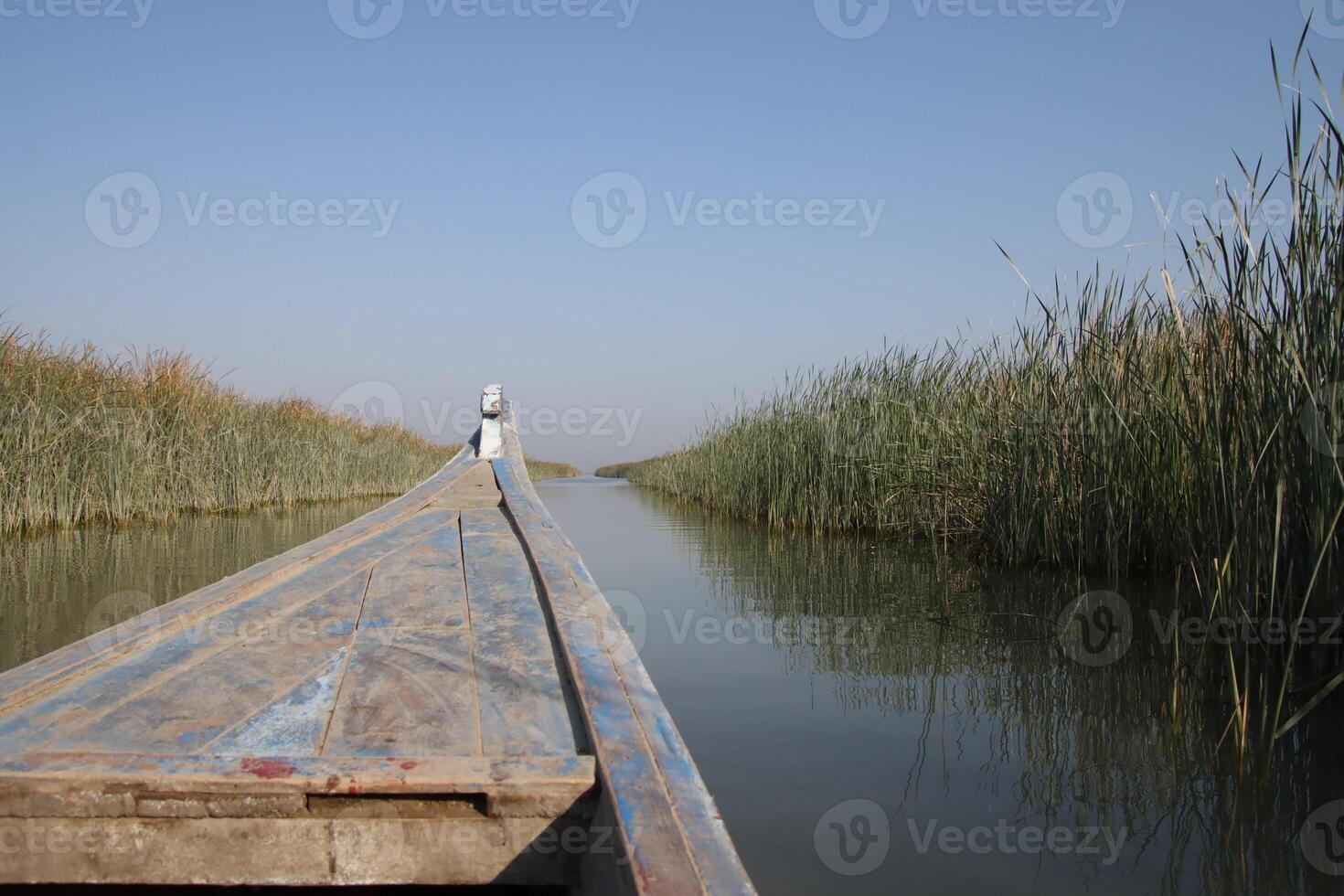 canoe in the chibayish marshes with grass and water in iraq photo
