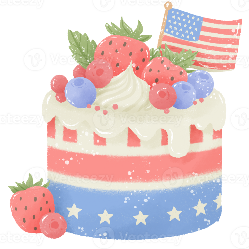 Berries Cake with American Flag Hand drawn Illustration Colored Pencil Crayon Style Independence Day 4th of July American Food isolated clip art elements for holiday decoration and celebration design png