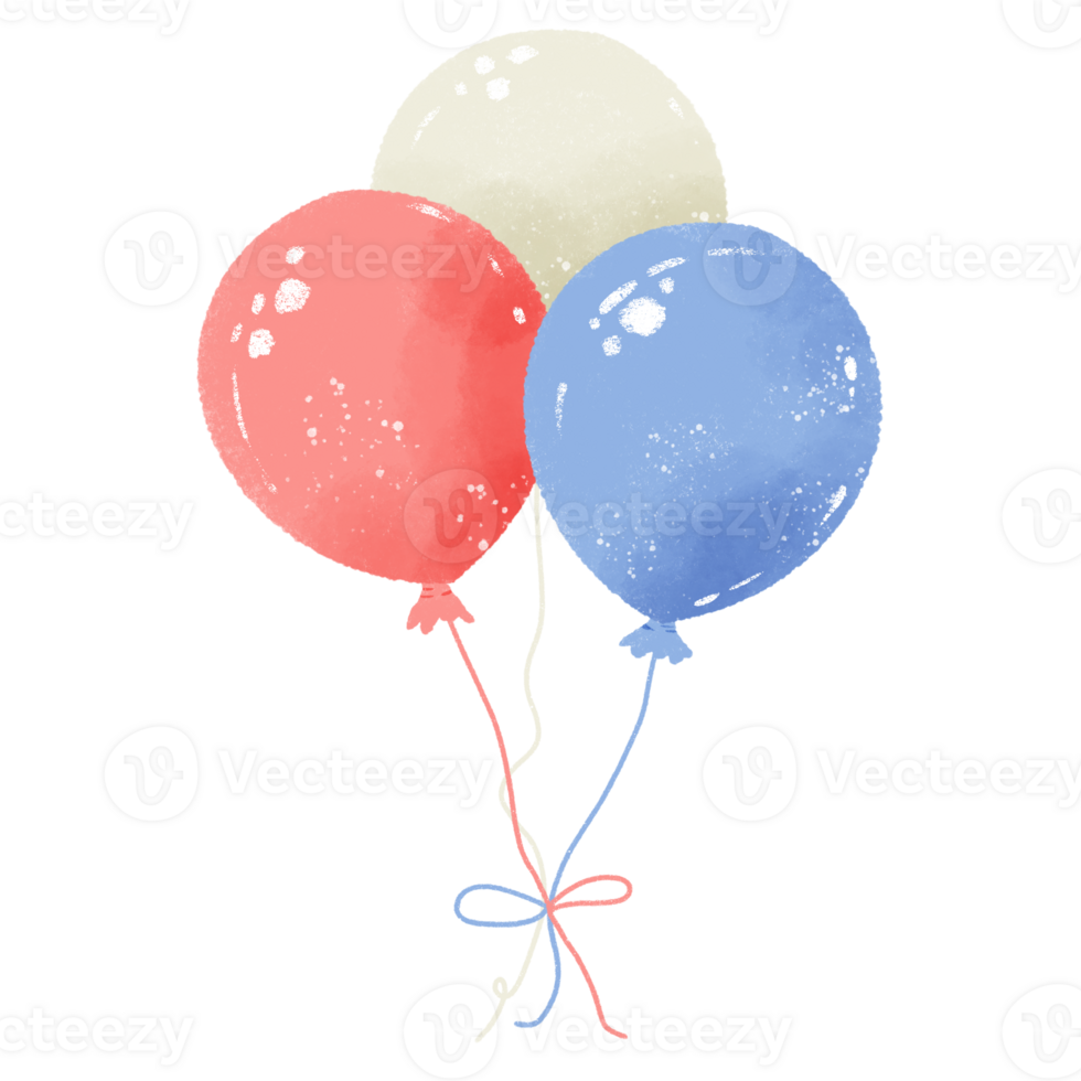 Balloon Independence Day hand drawn illustration colored pencil style 4th of July clipart solated clip art elements for holiday decoration and celebration design. Red, blue, white color Patriotic png