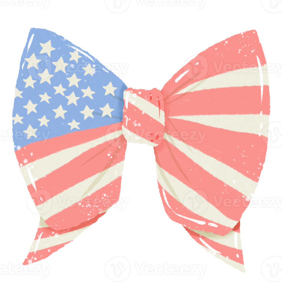 Bow on july 4th clipart, ribbon hand drawn illustration isolated colored pencil style coquette bow stars and stripes Red white blue ribbon png