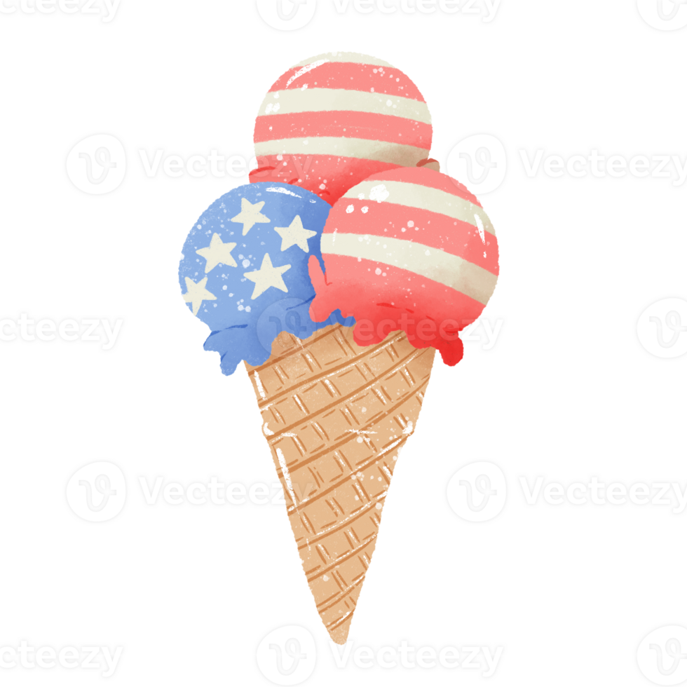 3 Ice Cream Scoops Hand drawn Illustration Colored Pencil Crayon Style Independence Day 4th of July American Food isolated clip art elements for holiday decoration and celebration design png