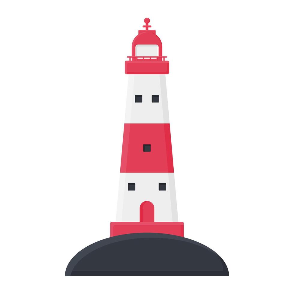 White and Red Lighthouse Design on Rock. Illustration of Sea Light Lighthouse. vector