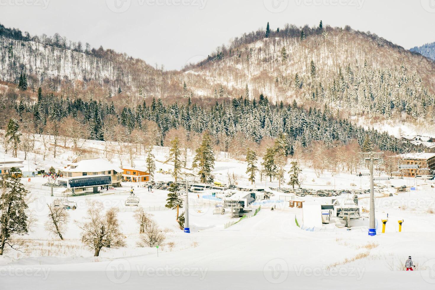 Bakuriani ski resort panorama in Georgia, caucasus mountains. Famous travel destination for outdoors skiing photo
