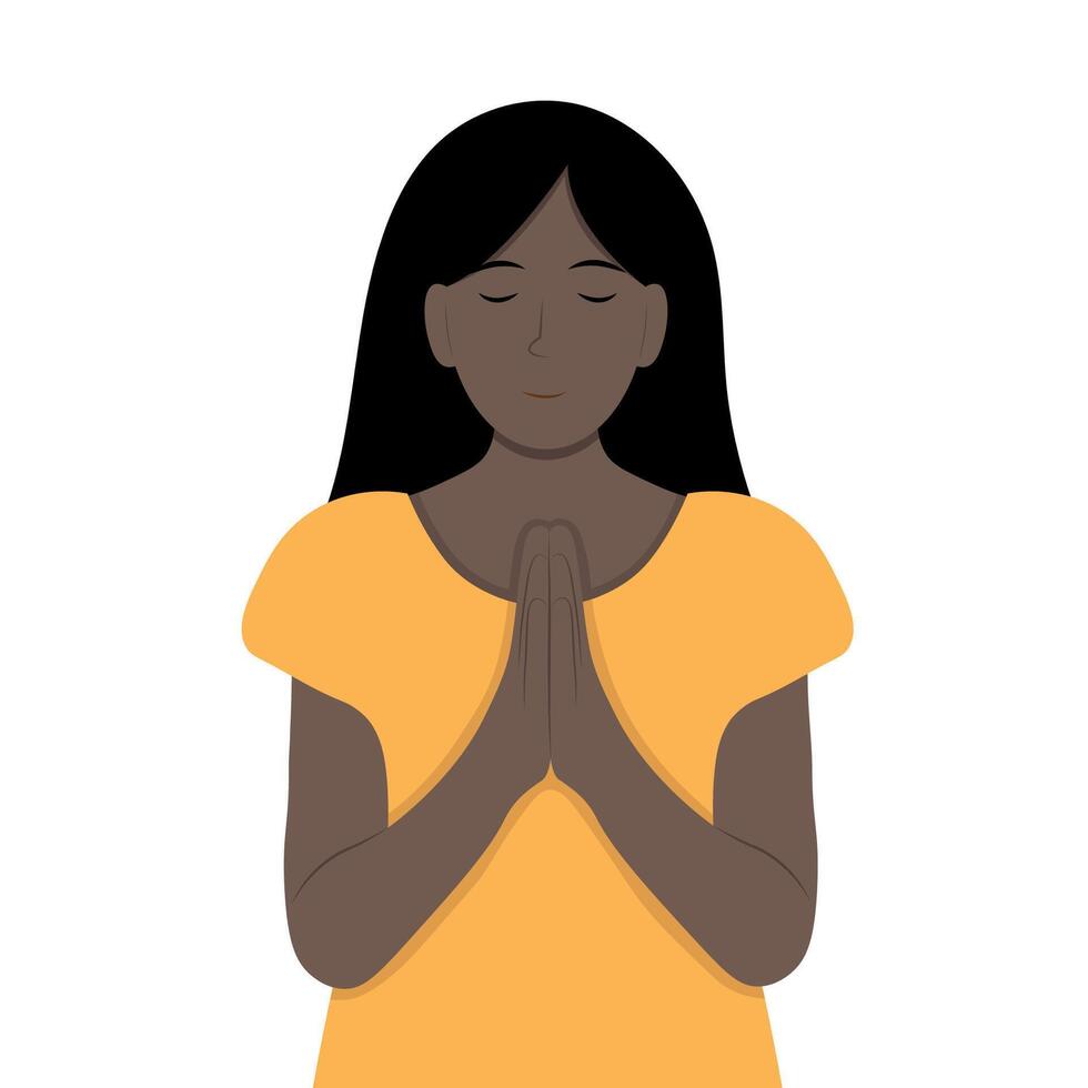 Portrait of a African American girl with folded hands in prayer, isolate on white, simple illustration, flat style, minimalism vector