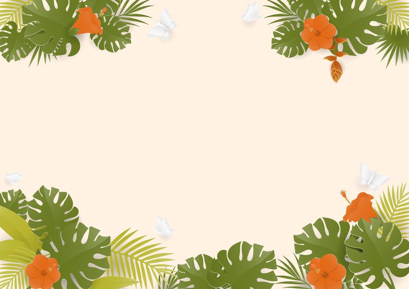 Monstera leaf and hibiscus background vector