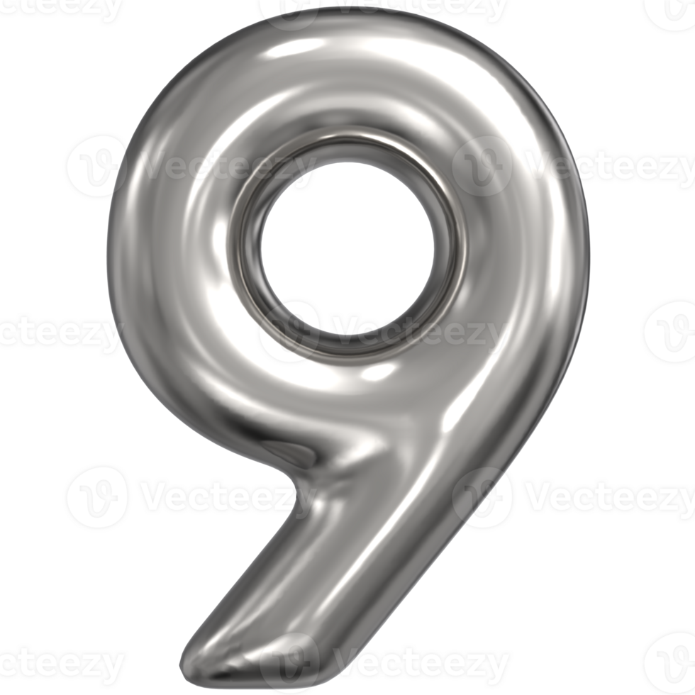 3D Rendering Of Number 9 Silver png