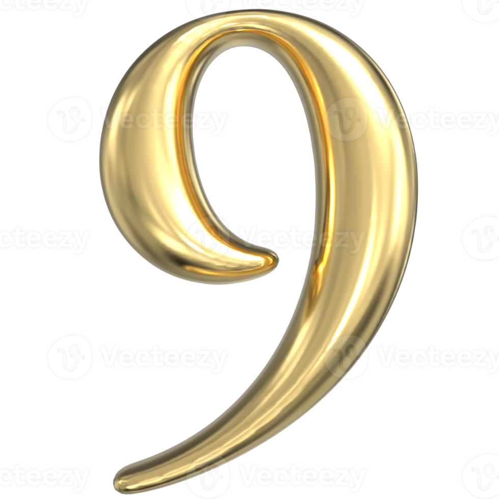 3D rendering of number 9 gold png