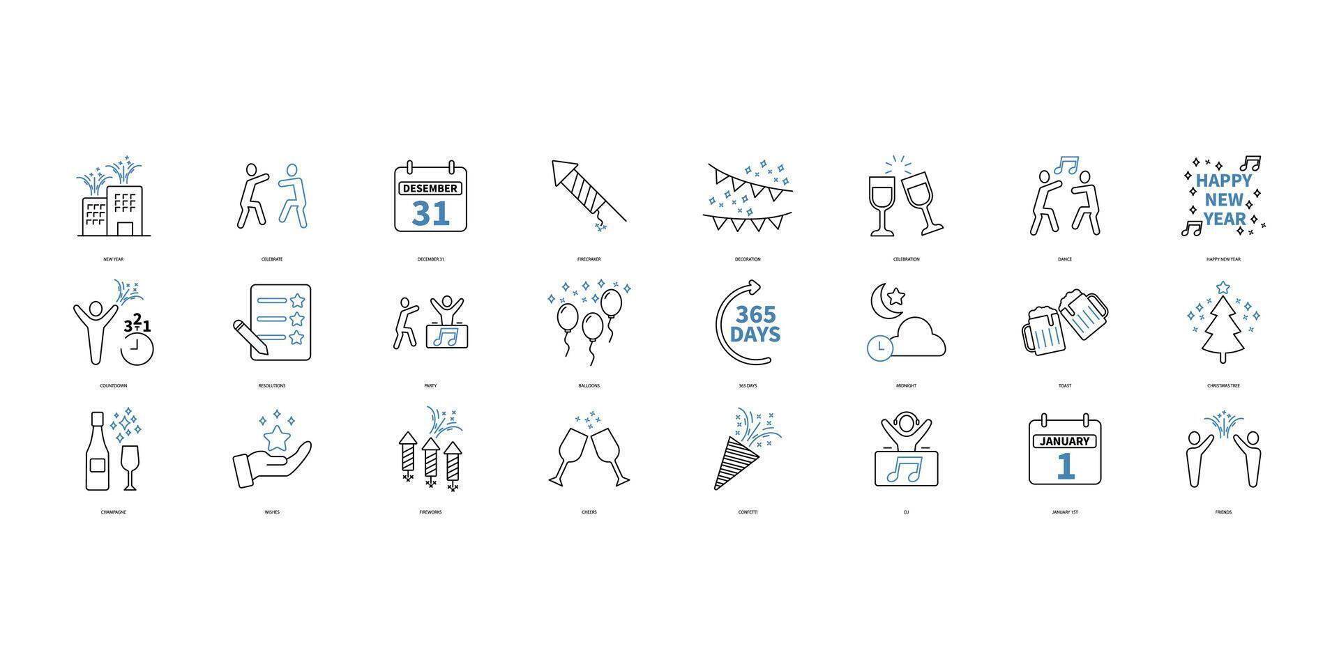 New year icons set. Set of editable stroke icons.Set of New year vector