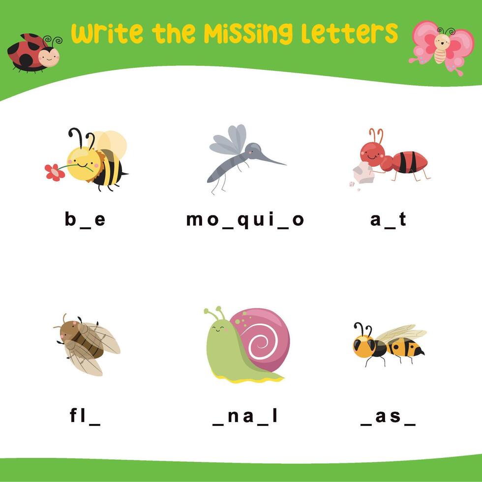 Printable activity sheet for kids. Writing missing letters worksheet. Learning to write activity vector