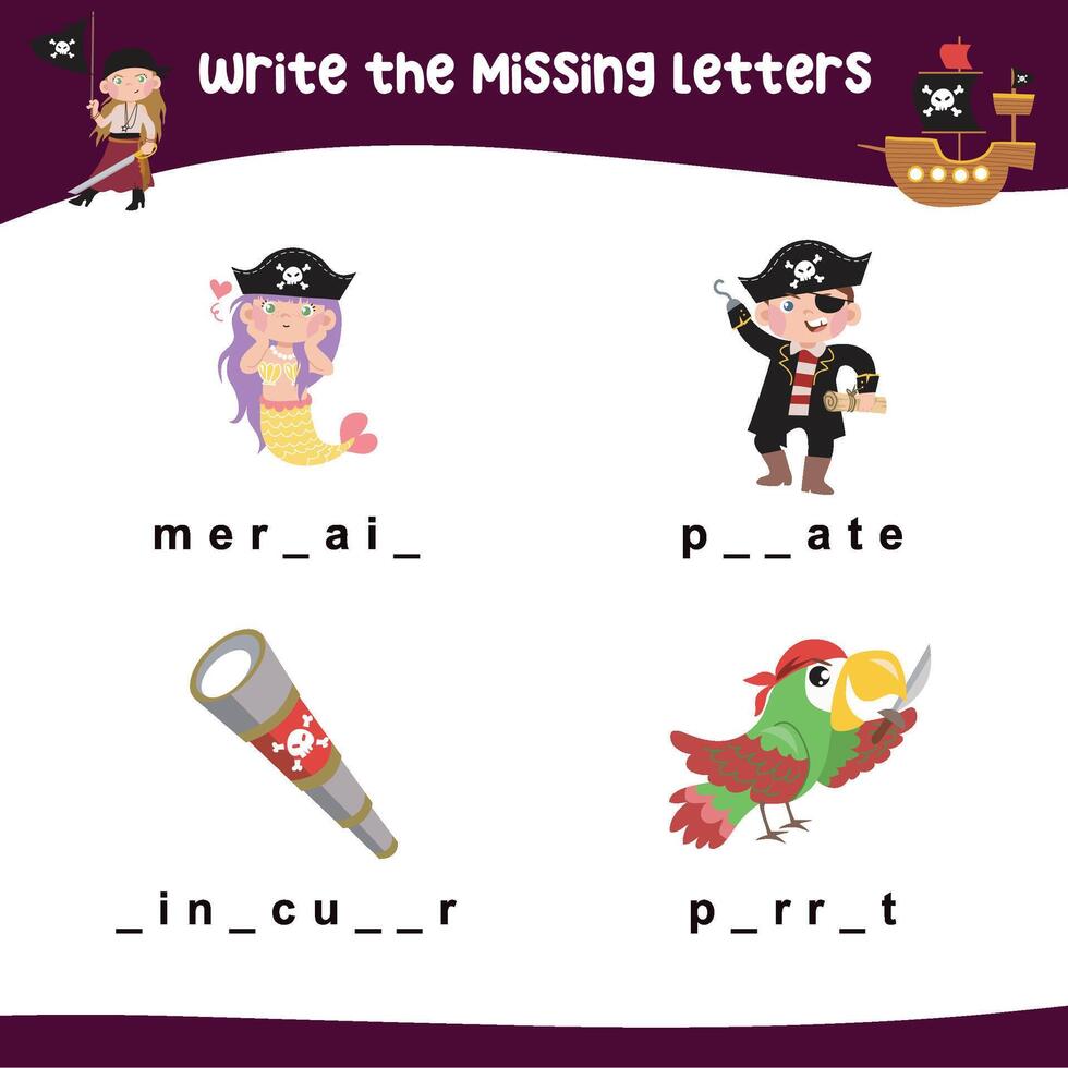 Printable activity sheet for kids. Writing missing letters worksheet. Learning to write activity vector