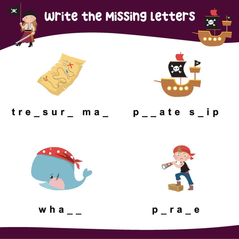 Printable activity sheet for kids. Writing missing letters worksheet. Learning to write activity vector