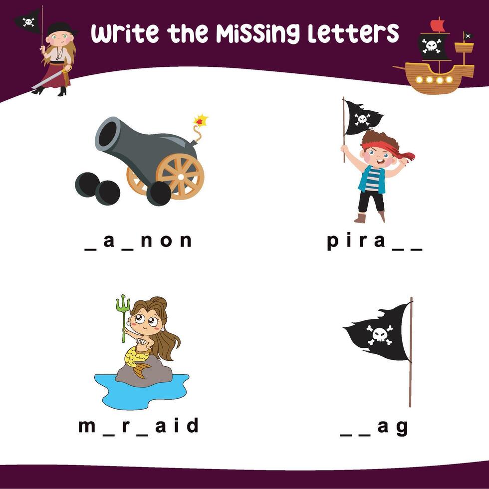 Printable activity sheet for kids. Writing missing letters worksheet. Learning to write activity vector