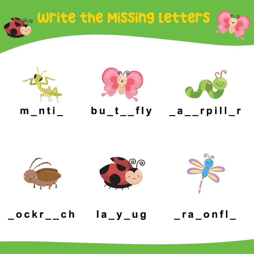 Printable activity sheet for kids. Writing missing letters worksheet. Learning to write activity vector