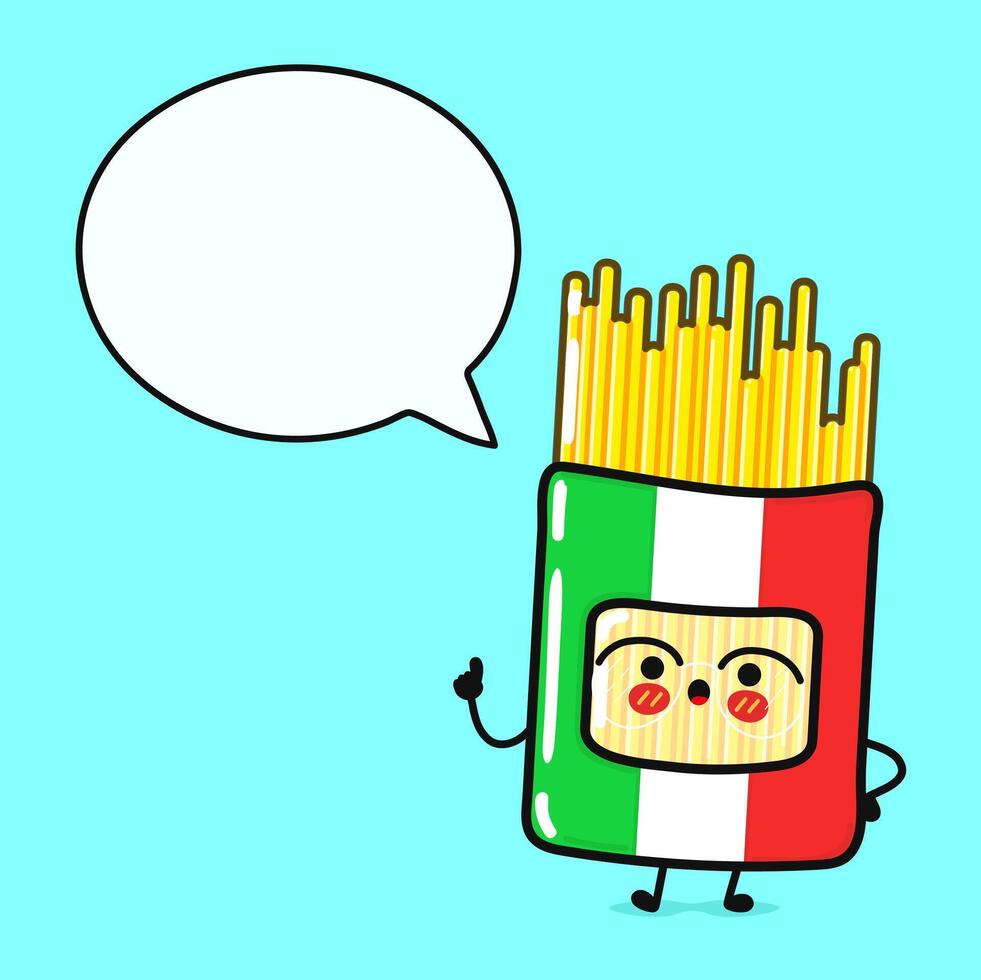 Spaghetti with speech bubble. Hand drawn cartoon kawaii character illustration icon. Isolated on blue background. Pack Spaghetti character concept vector