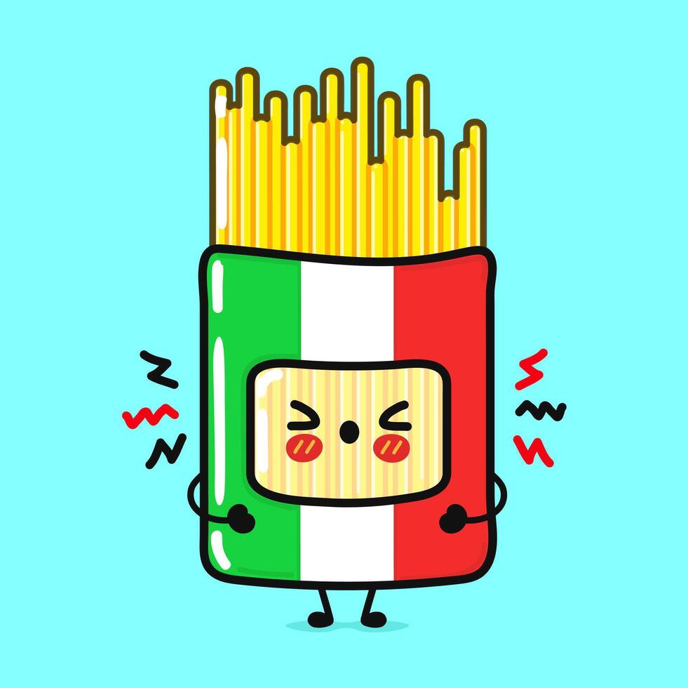 Angry pack Spaghetti character. Hand drawn cartoon kawaii character illustration icon. Isolated on blue background. Sad Spaghetti character concept vector