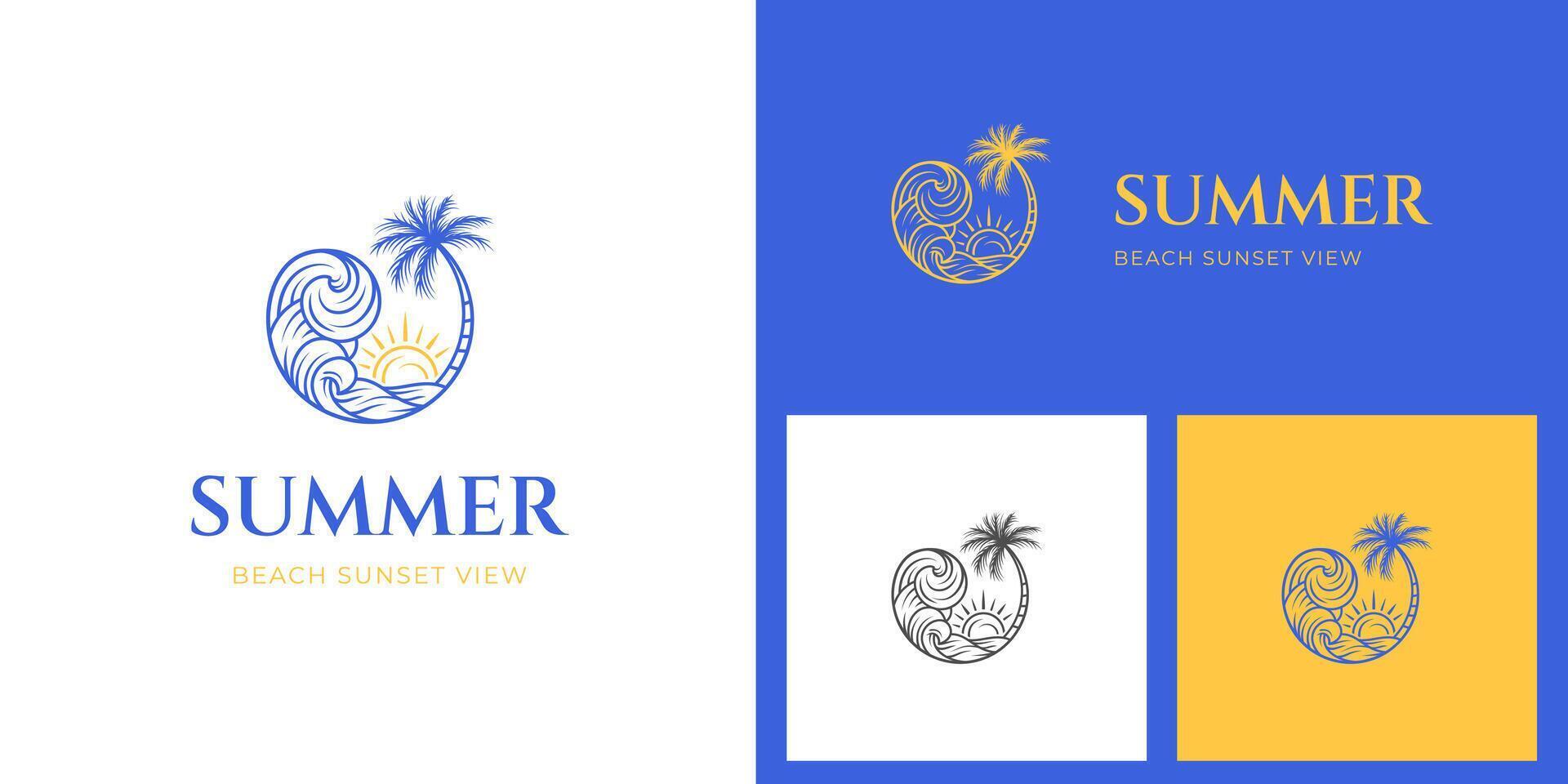 Wave beach and palm tree logo illustration linear style for summer vibes logo symbol, travel or adventure outdoor logo template vector