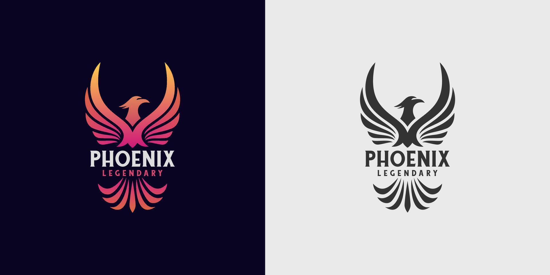 Phoenix logo illustration with two version. Red and silhouette Color Phoenix Bird with Spread Wing Logo Design vector