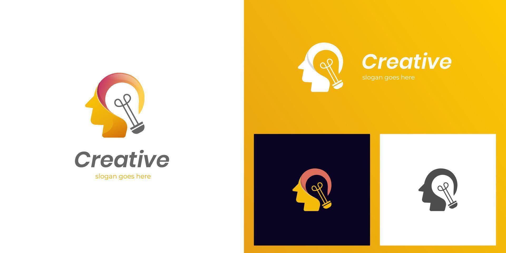 Brain think with bulb creative logo icon design, people head with lightbulb graphic element symbol for research man logo, brainstorm logo template vector