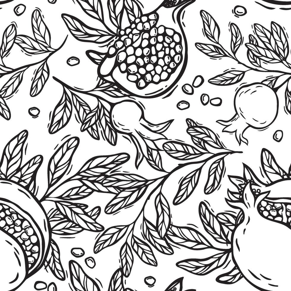 Pattern of pomegranate fruits, bursting pomegranates and branches with leaves. graphic pattern on a white background. For packaging design for products and cosmetics, textiles, wallpaper vector