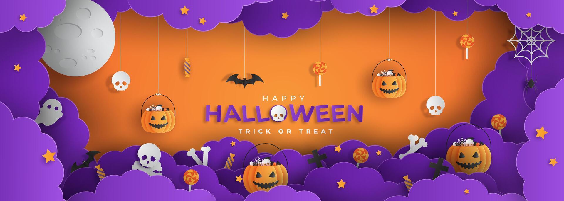 Happy Halloween banner or with night clouds and pumpkins filled with Halloween decorations in paper cut style. vector