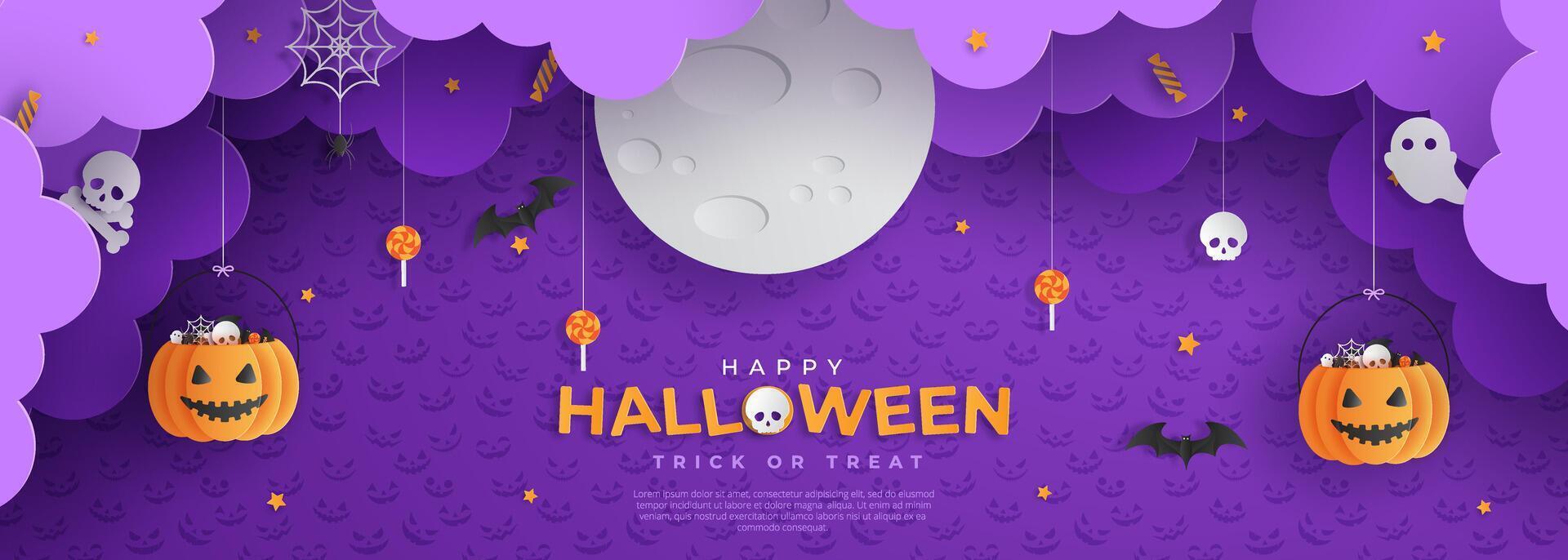 Happy Halloween banner or with night clouds and pumpkins filled with Halloween decorations in paper cut style. vector