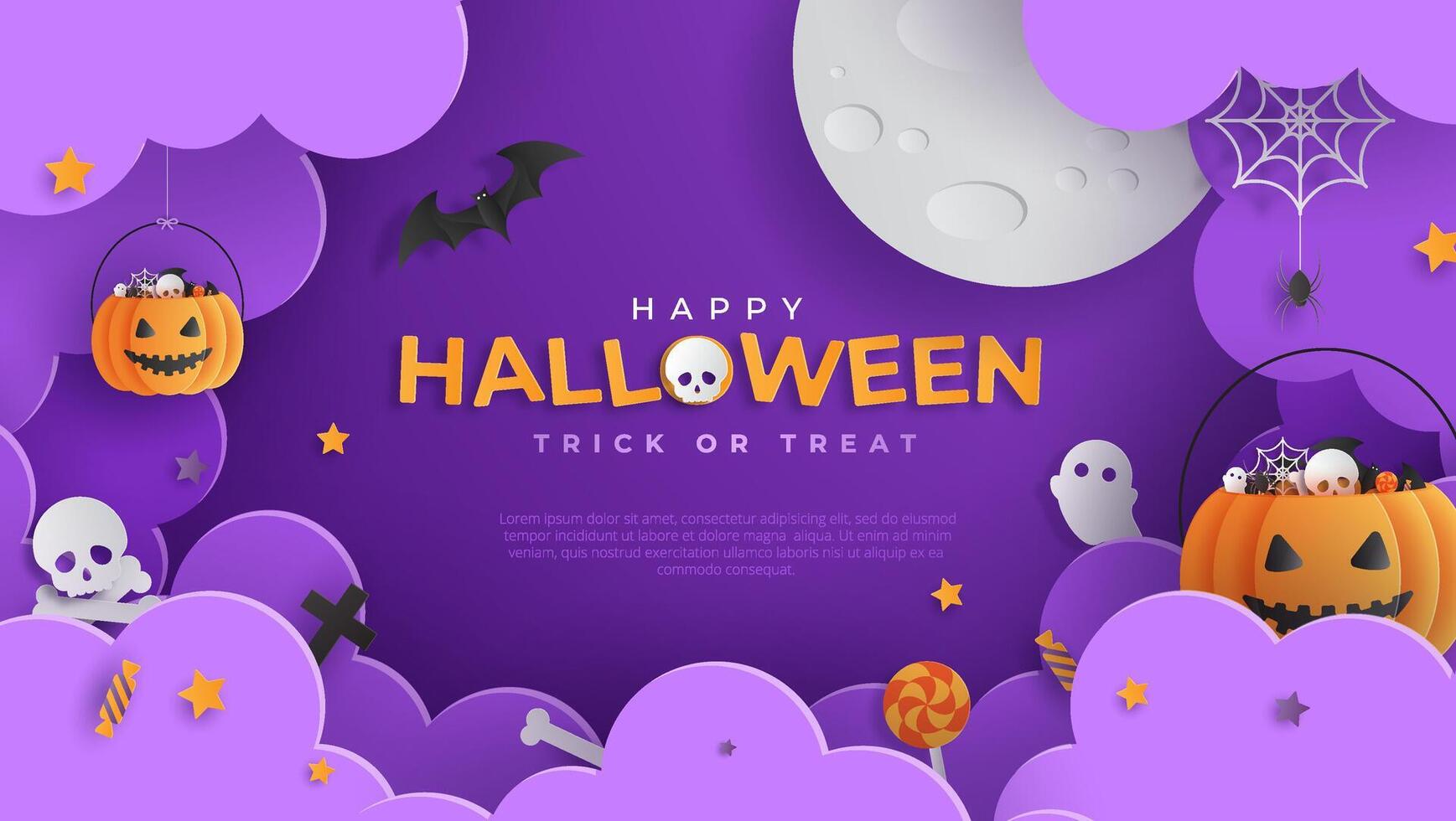 Happy Halloween banner or with night clouds and pumpkins filled with Halloween decorations in paper cut style. vector
