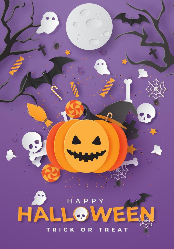 Happy Halloween banner or party invitation background. Graphic design for Halloween festival. Greeting card for celebration on Halloween. Cute Halloween. paper cut and craft style. vector