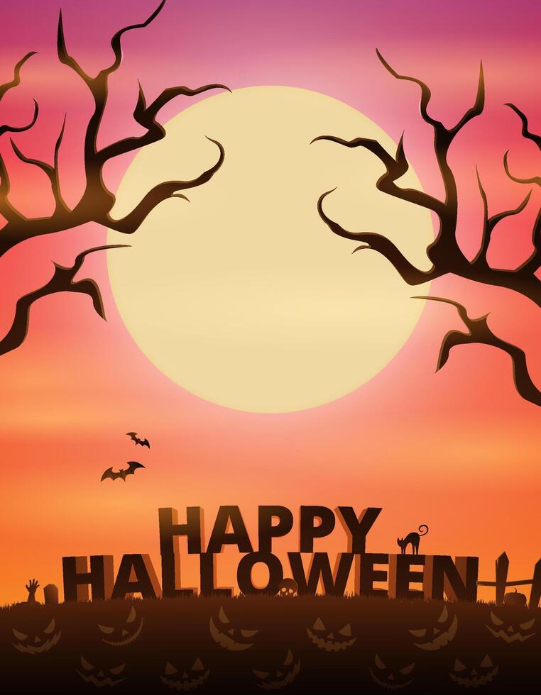 Halloween banner with creepy haunted tree. Full Moon Night in the Spooky Forest. vector