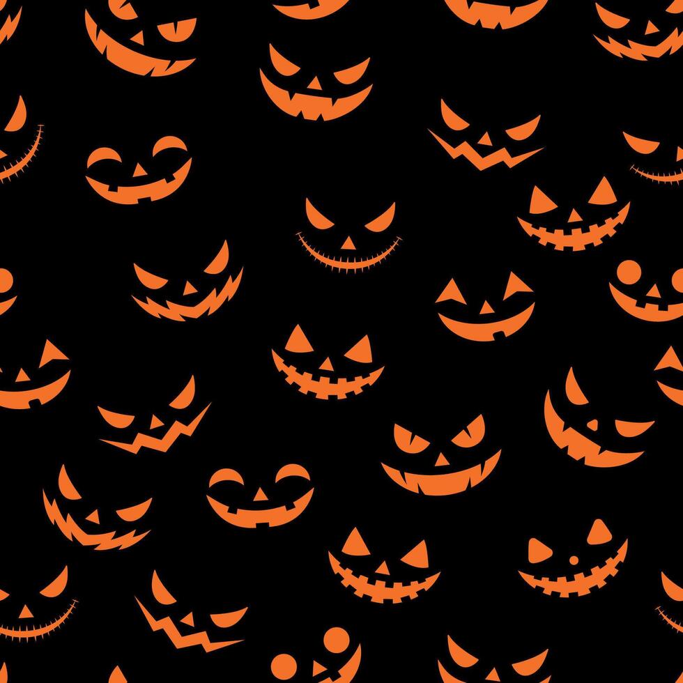 Seamless pattern with orange halloween pumpkin carved faces silhouette on black background. vector
