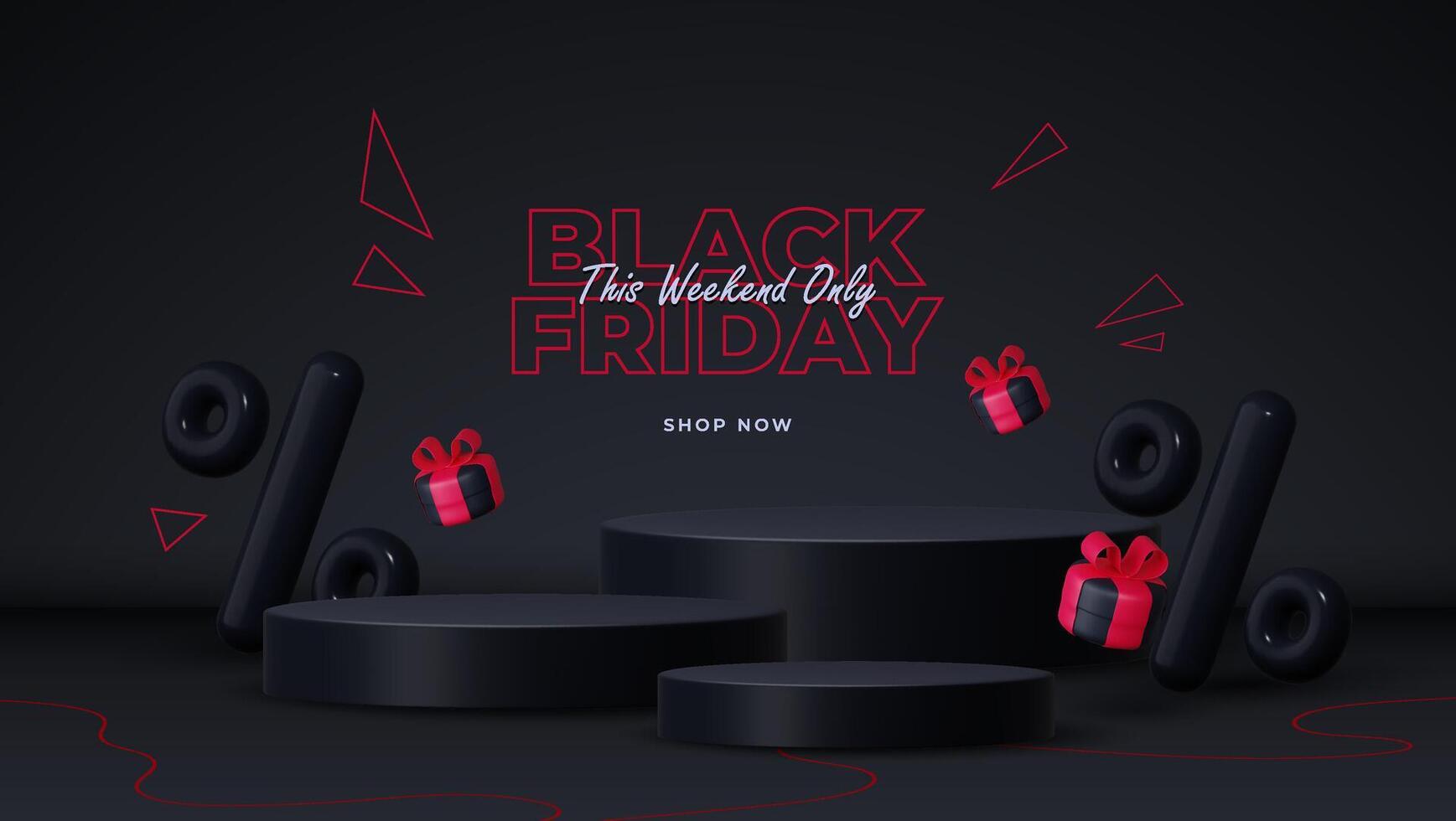 Black Friday Sale. Realistic 3D design featuring a stage podium with round studio, black gift box with a red bow, and percent discount label. Creative marketing concept. vector