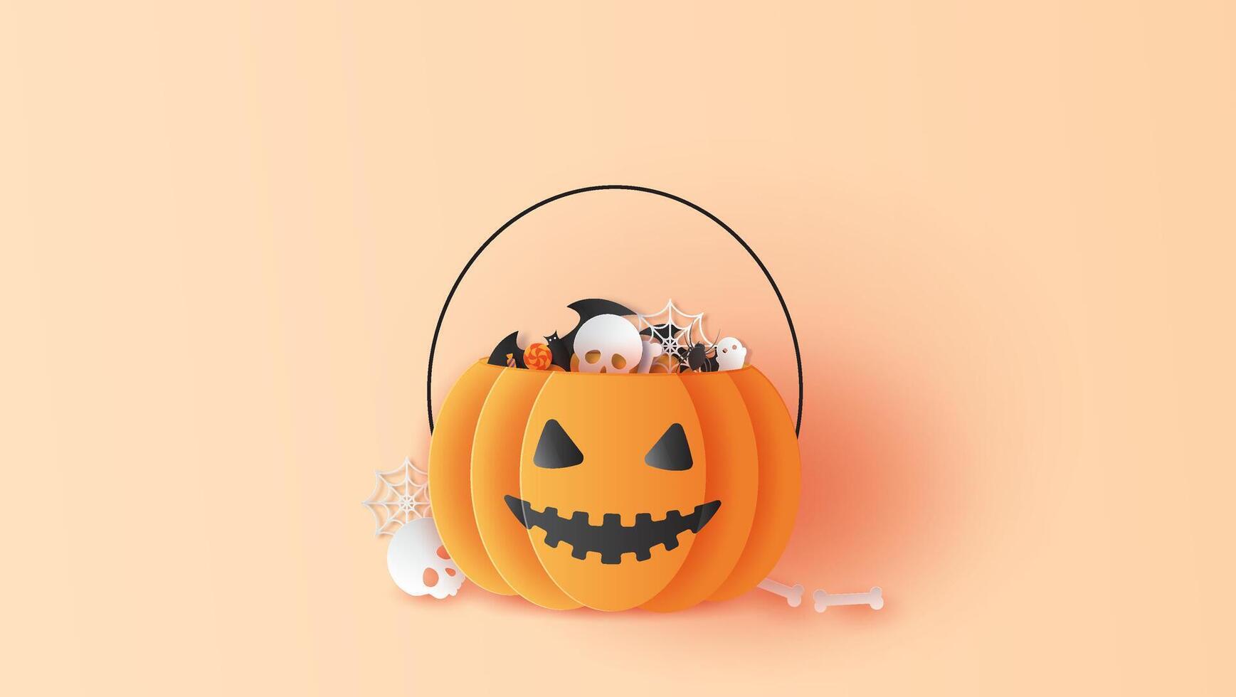 Happy Halloween tricks or treats with pumpkins filled with bats, spiders, candies, ghosts and skulls. Graphic design for Halloween. paper cut and craft style. vector