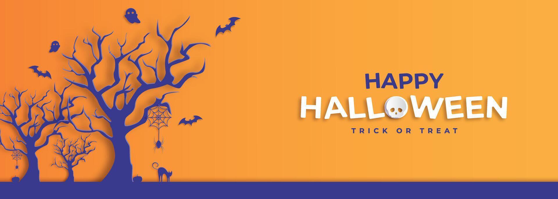 Happy Halloween tricks or treats with pumpkins, bats, spiders, cats, ghosts and creepy trees. Graphic design for Halloween. paper cut and craft style. vector