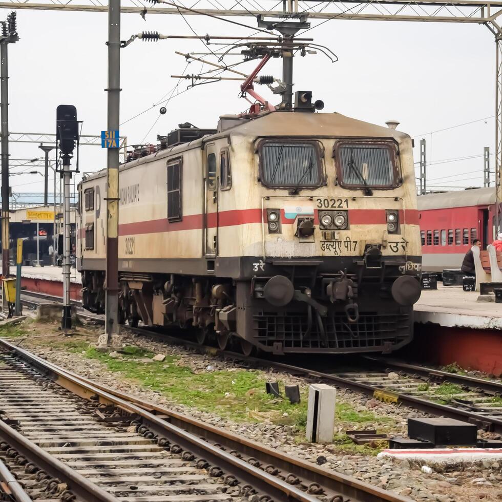 Amritsar, India, June 03 2024 - Indian train electric locomotive engine at Amritsar railway station during the day time, Amritsar Shatabdi train electrical locomotive engine photo