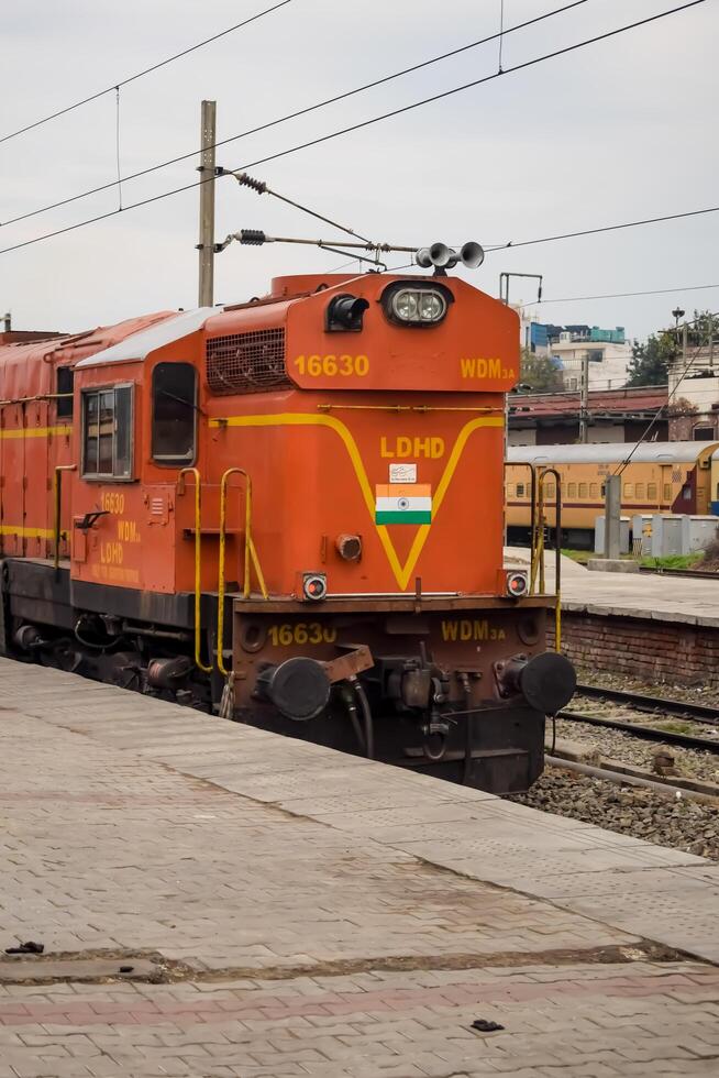 Amritsar, India, June 03 2024 - Indian train electric locomotive engine at Amritsar railway station during the day time, Amritsar Shatabdi train electrical locomotive engine photo