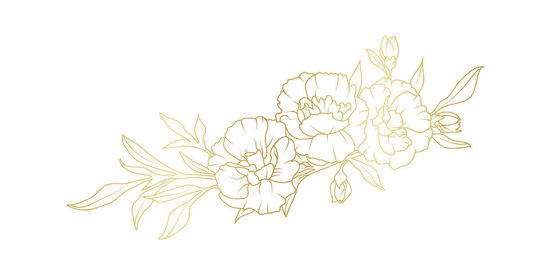 Golden carnation flowers line art isolated on white background. Luxury floral design elements for invitation, wedding, wallpaper, print template, illustration vector