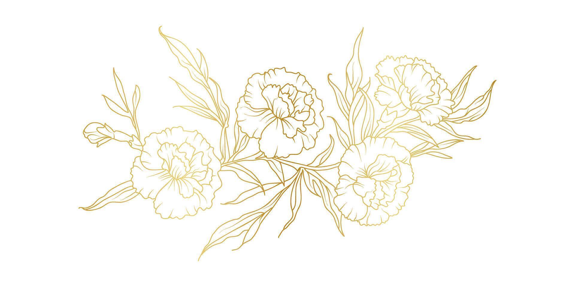 Golden carnation flowers line art isolated on white background. Luxury floral design elements for invitation, wedding, wallpaper, print template, illustration vector