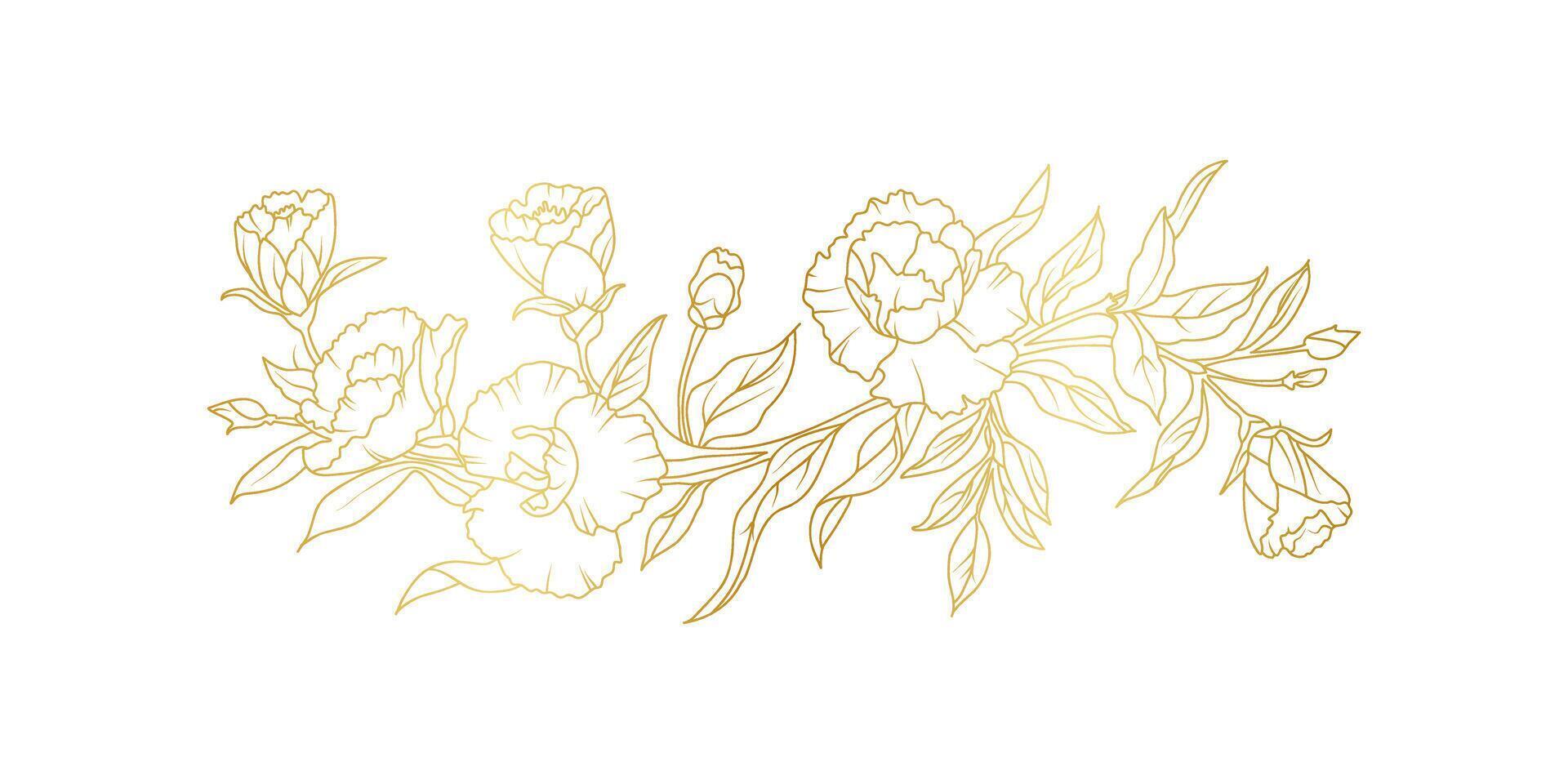 Golden carnation flowers line art isolated on white background. Luxury floral design elements for invitation, wedding, wallpaper, print template, illustration vector