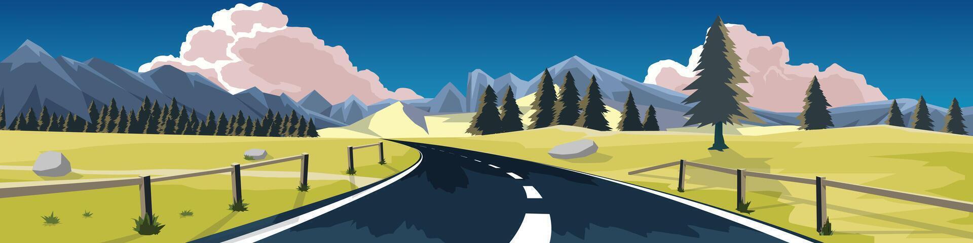 Copy Space Flat Illustration. of curved asphalt road. Two side wooden fence and wide open fields and low mountains. Under blue sky and white pink clouds. vector