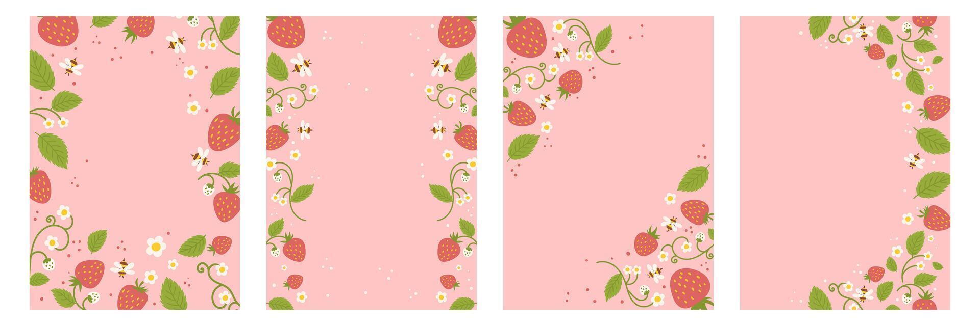 Set of four summer sale posters with a pink background, decorated with strawberries, bees, and flowers. The posters advertise a limited-time offer with discounts. vector