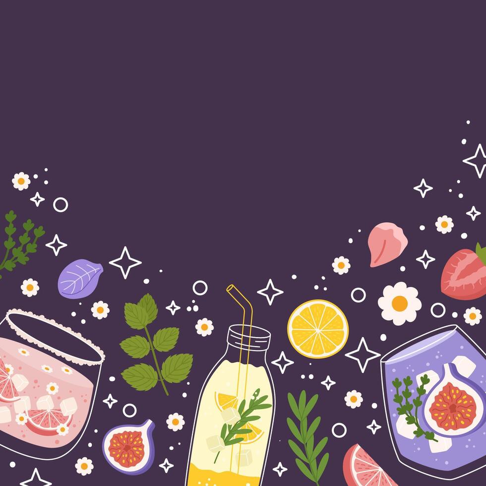 Illustration with phrase Hello Summer on dark background. Summer themed elements such as glasses of refreshing drinks with ice cubes, citrus slices, figs, strawberry, mint leaves, and various flowers. vector