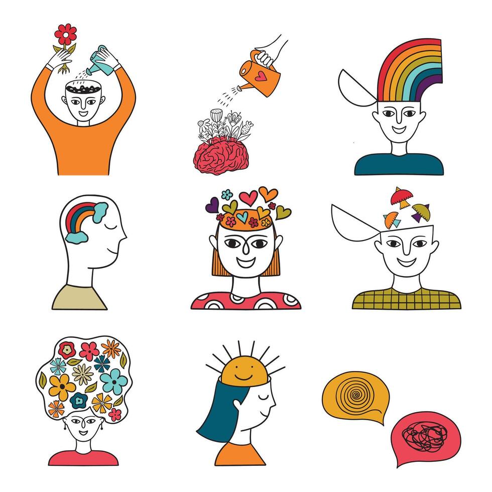Characters depicting various aspects of a healthy mind. Concepts of psychotherapy, psychology, and coaching. vector