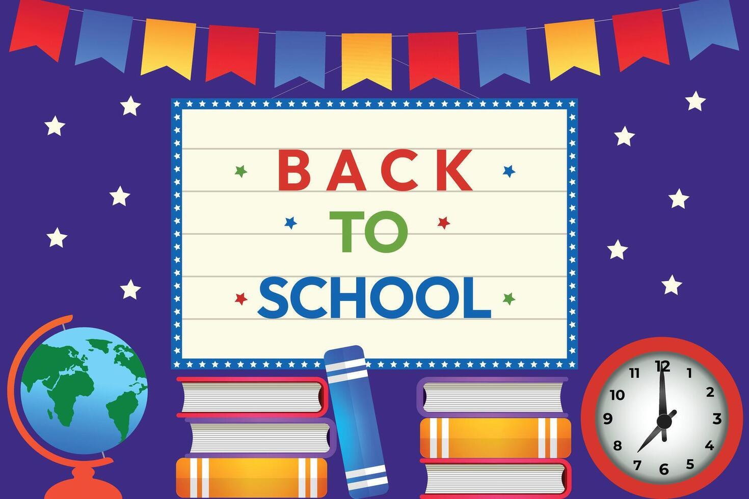 Back to school banner with globe, book and clock, blue color background. vector