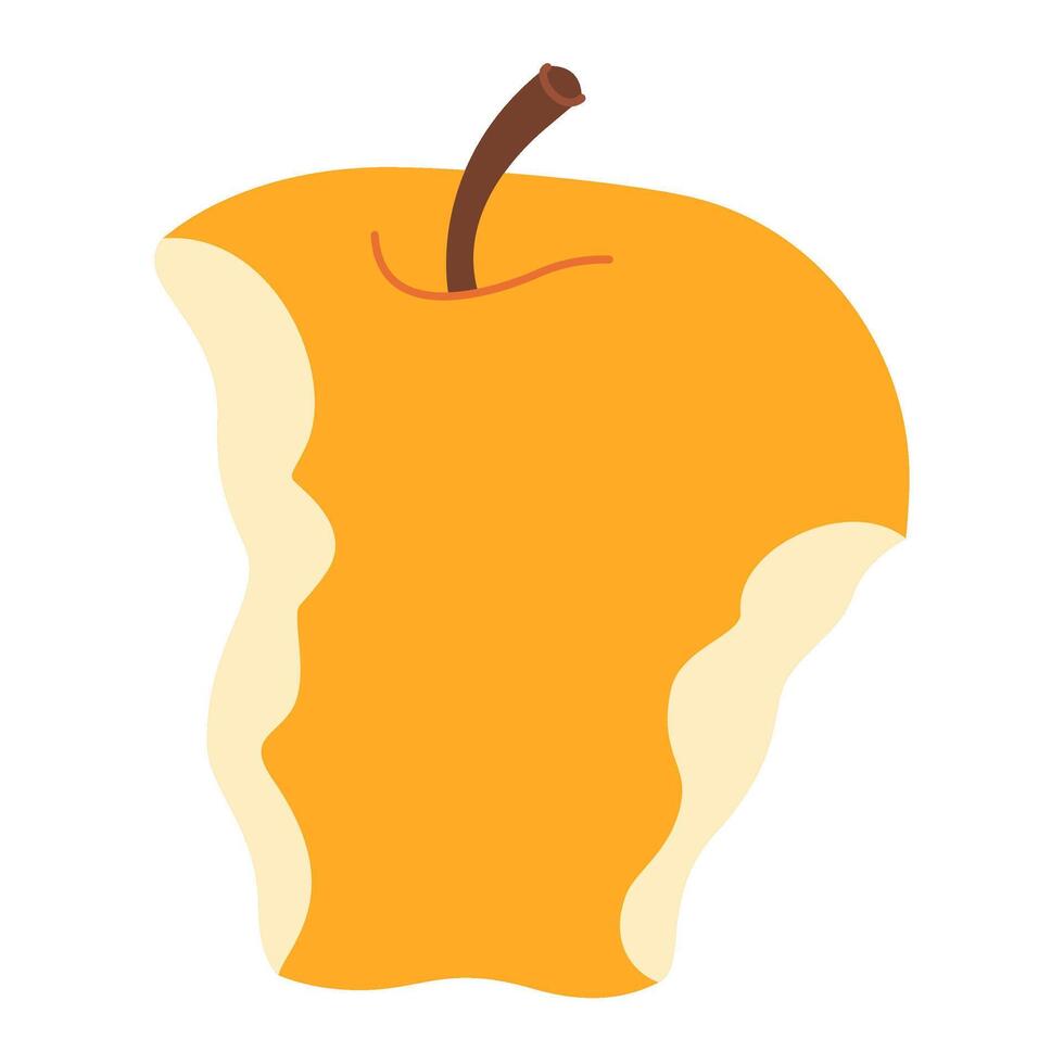 Yellow juicy bitten apple. Apple eaten cartoon image art. Hand drawn trendy flat style isolated on transparent background. Healthy vegetarian snack, bitten apple for design illustration vector