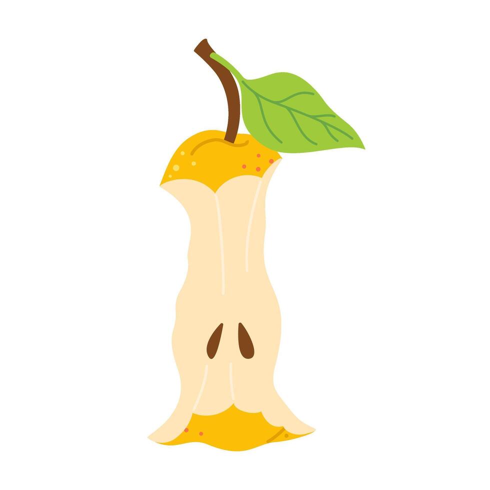 Yellow pear Core. Hand drawn trendy flat style isolated. Ripe pear eaten cartoon image art. Healthy vegetarian snack, pear stub for design, infographic illustration vector