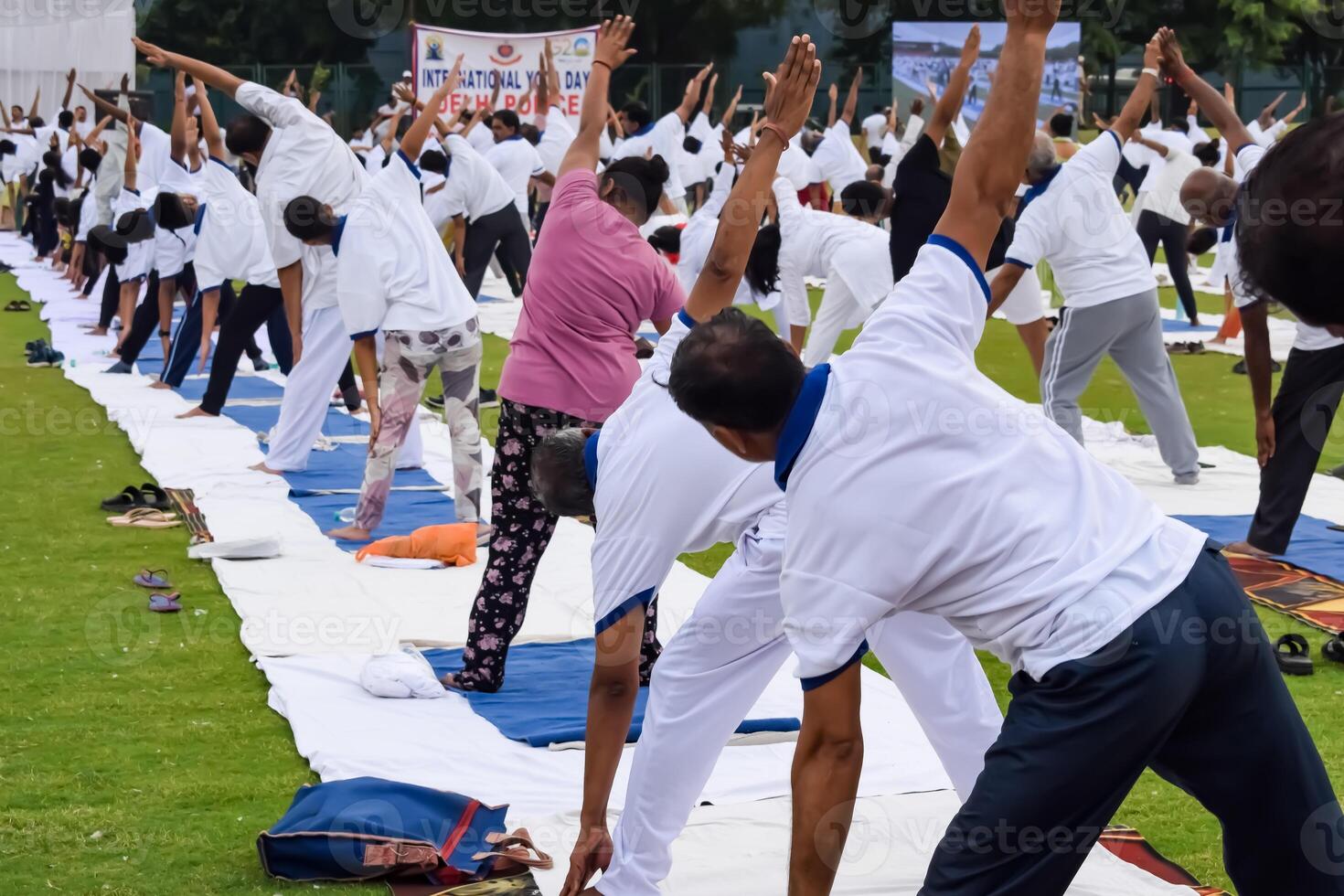 Group Yoga exercise session for people of different age groups at cricket stadium in Delhi on International Yoga Day, Big group of adults attending yoga session photo