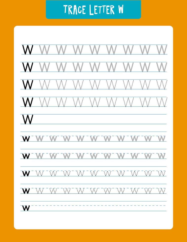 Handwriting practice sheet focusing on tracing the letter w, ideal for preschool and kindergarten children. this worksheet aids in developing fine motor skills and letter recognition, providing a structured and engaging learning experience. vector